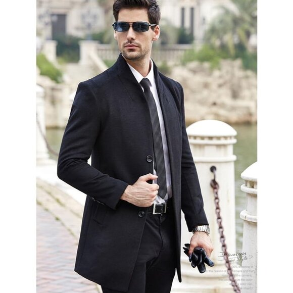 Men's  Black Trench Coat Long Wool Blend Overcoat Slim Fit Down Topcoat - Picture 6 of 6